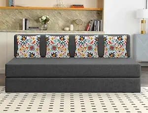 Los Angeles Foldable Four Seater Sofa Cum Bed, Sofa Bed 6 X 6 Feet Jute Fabric Washable Cover- Including Cushion Perfect for Living Room - Black Color
