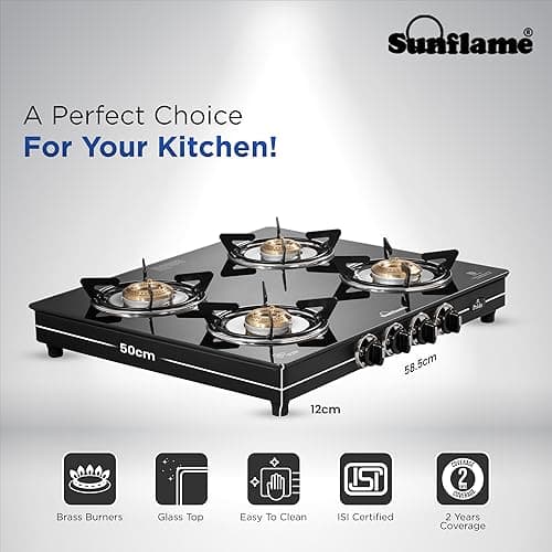 Sunflame Pride 4 Burner Gas Stove | 2 Medium and 2 Small Brass Burners | 2-Years Product Coverage by Sunflame | Ergonomic Knobs | Easy to Maintain | Toughened Glass Top | PAN India Presence| Black 2