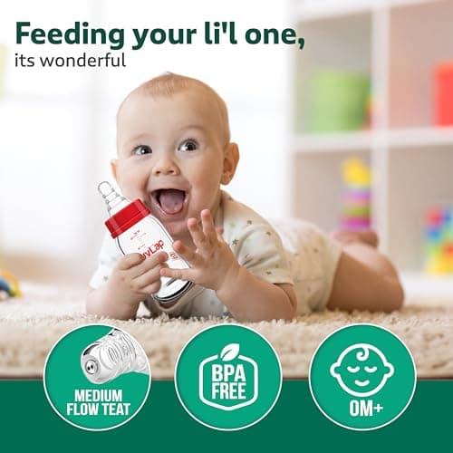 LuvLap Natura Flo Wide Neck Glass Feeding Bottle, New Born/Infants/Toddler Upto 3 Years, BPA Free, Ergonomic Shape is Easy to Hold, with Anti Colic Nipple, Pack of 2, 150ml 2