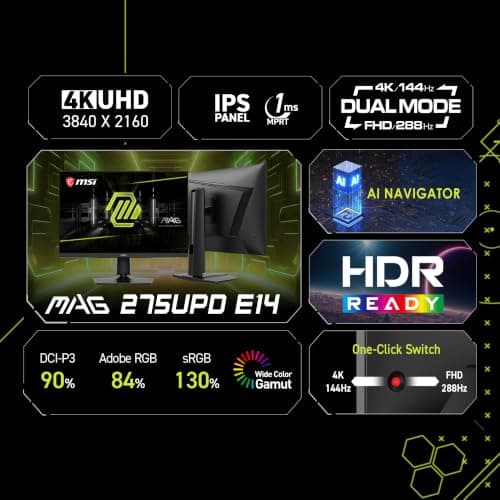 MSI MAG 275UPD E14 27-Inch, 4K UHD Gaming Monitor, 3840 x 2160 IPS, 288Hz, 1ms, HDR Ready, AMD FreeSync Premium Eye Care, Dual-Mode, HDMI 2.1, DP 1.4a, Frame-Less, Tilt/Height Adjustable, Black 5