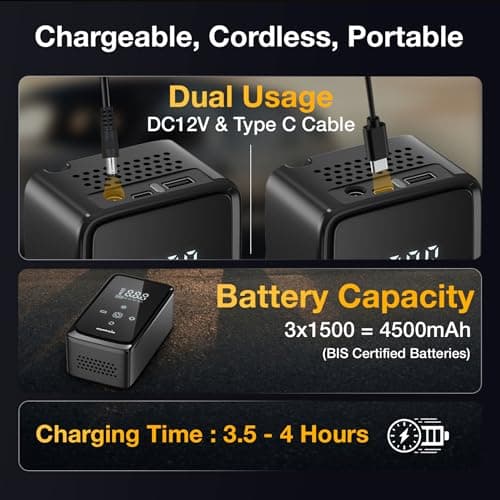 Reffair AIRSWIFT70 Car Tyre Inflator 150 PSI | Portable & Wireless I Power Bank & Emergency Light | Rechargeable Battery + DC12V Dual Use | Type C Port I Digital Display I Multiple Nozzles 4