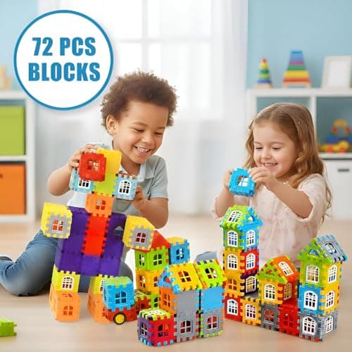 Interlocking Building Block Construction Toy Set, Multicolor Plastic House Building Blocks, 72 Pieces, Educational STEM Toy for Kids Ages 3-8 Years 3