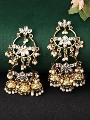 Rubans Women's Gold-Plated Silver-Toned Kundan Classic Jhumkas 3