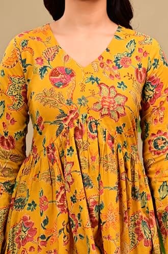 LABEL ADRIJA V Neck Anarkali Cotton Short Kurti for Women Full Sleeve Floral Print | Short Kurtis for Women on Jeans Yellow 2