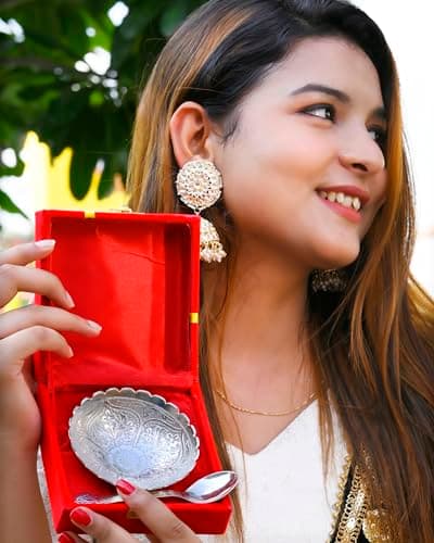 Craze Crafts 2-Piece German Silver Bowl Set in Velvet Box | Traditional Decorative Bowls, 4 Cubic Inches, Design-2 3