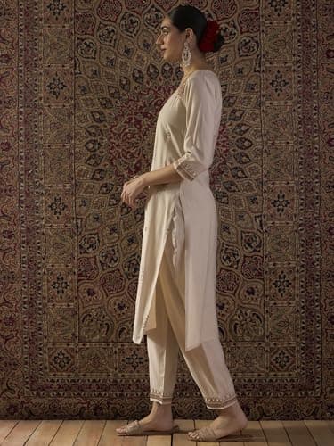 INDO ERA Women's Liva Ethnic Motifs Embroidered Straight Kurta & Pant Set (White_IESTR12380_XX-Large) 5
