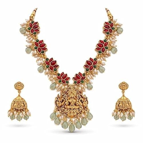 Visaga Aura Traditional Gold Plated Guttapusalu Necklace Set with Lakshmi Pendant,Lotus Design & Pearl Drops for Girls and Women | South Indian Temple Style Imitation Jewelry