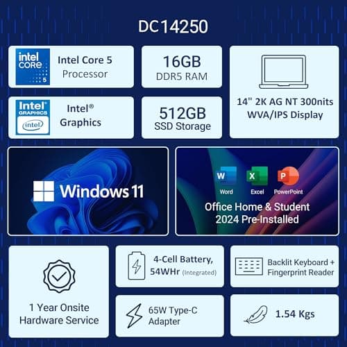 Dell 14, Intel 14th Generation Intel Core 5, (16GB DDR5, 512GB) FHD+ 14"/35.56cm 300 Nits, Backlit Keyboard + FPR, Windows 11, Microsoft Office Home 2024, Platinum Silver, 1.54Kg Thin & Light Laptop 2