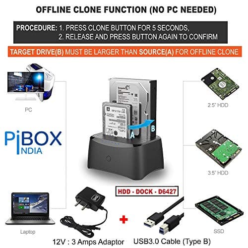 PiBOX India, Dual Bay USB 3.0 to SATA I, II, III Hard Drive Docking Station Upto 12TB for 2.5 or 3.5in HDD, SSD with Hard Drive Duplicator Offline Clone and Auto Sleep and UASP - Top-Loading Design 2