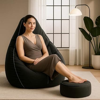 Biggie Bean Bag Chair 6XL with Beans Filled-3D Zen Piping- Bean Bag with 3D Piping-Crafted for Comfort-Styled for Elegance with Free Cushion & Footrest (Matching Color : Piping, Black Light-Grey)
