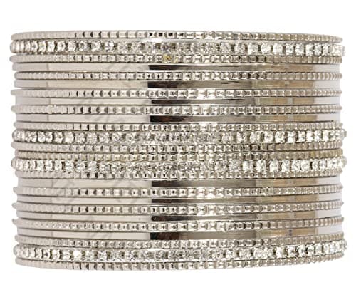 NMII Non-Precious Metal Base Metal with Zircon Gemstone Studded Worked Glossy Finished Bangle Set For Women and Girls, (Silver_2.4 Inches), Pack Of 52 Bangle Set 3