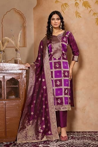 BROYAAR SHOP Traditional Banarasi Jacquard Silk Salwar Suit, 3-Piece Ethnic Dress Set (IN, Alpha, 2XL, Regular, Standard, Wine) 2