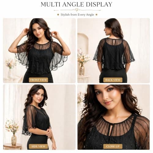 LOOMAURA Women's Black Festive Glam Pearl Net Cape Ponchu | Designer Party Overlay. 3