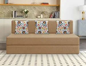 Los Angeles Foldable Three Seater Sofa Cum Bed, Sofa Bed 5 X 6 Feet Jute Fabric Washable Cover- Including Cushion Perfect for Living Room - Golden Color