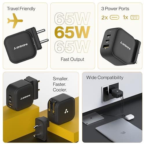Ambrane 65W Charger Adapter, 3 Ports - 2 Type C & 1 USB for Samsung, Type C Laptops: MacBook, Dell, HP, ASUS, Fast Charger with PD Technology & GaN Technology for All Devices (RAAP G65, Black) 3