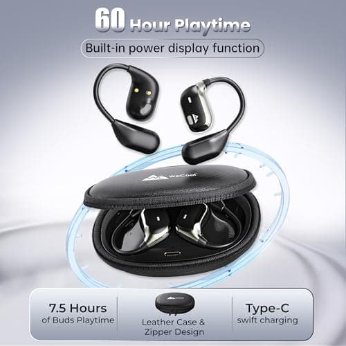 WeCool Moonwalk M2 Pro Open Ear Earbuds Wireless with Ergonomic Ear Hooks, Bluetooth 5.4 Ows Earphones with Call Noise Reduction, Ear Safe Headphones with Mic, 60H Playtime, Leather Zip Case, IP55 4