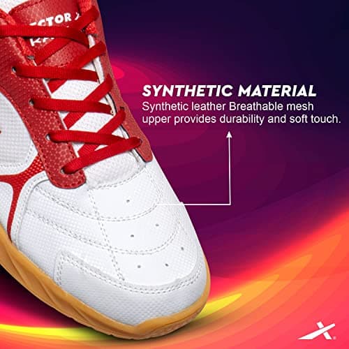 Vector X Ranger Badminton/Court Shoes Plus Non Marking Crepe Rubber Outsole, Lightweight & Comfort Shoe Best for Squash, Table Tennis,Volleyball, Basketball & Indoor Sports (White-Red) Size 5 5