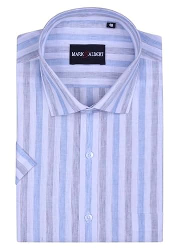 MARK & ALBERT Men's Half Sleeve Cotton Linen Striped Shirt Fawn