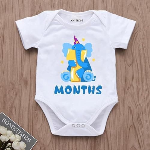 KNITROOT Monthly Birthday Special Newborn Baby White Color Half Sleeve Unisex 100% Cotton Romper, Sleepsuit, Body Suit, Envelope Neck, 7 Months Print, 6-9 Months, Infant Cloths, for Boys & Girls 3