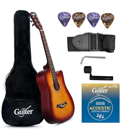 Guiter OTG 38-inch Acoustic Guitar Kit for beginners, Right Handed, Linden Wood Body with Rosewood Fretboard, Steel Strings, With Truss Rod, And Accessories SunBrust Color
