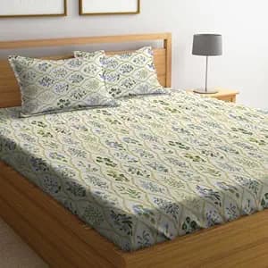 LOOMLYFE 300 TC Cotton Feel Glace Cotton Elastic Fitted Printed King Size Double Bed Bedsheet with 2 Pillow Covers Fits Upto 8 inches Mattress, Size- 72X78 Inches, YellowJaipuri