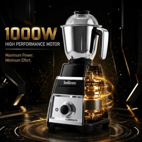 indicon Thar 1HP (1000 Watts) Mixer Grinder, 3 Jars, Black | Heavy Duty Copper Motor for Grinding, Blending & Mixing | Stainless Steel Blades, Multi-Speed, Durable Kitchen Power Tool (Black) 3