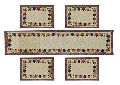 Galaxy Home Decor Washable Cotton Linen Jacquard Fabric Rectangular Dining Table Mats, 4 Pieces with Runner (Multicolor, Hut Design Mat 13x18 inches and Runner 13x54 inches)