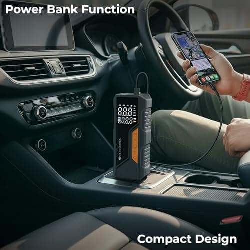 Zebronics, Portable Tyre Inflator, Wired and Wireless, 150 PSI Turbo Inflation, Digital Display, 6000 mAh Rechargeable Battery, Type-C & 12V Support, Power Bank, SOS Light, Multi Nozzles (19TI6A) 5