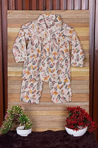 Girls' Pure Cotton Nightwear Pyjama Sets: Soft, Comfortable & Breathable Sleepwear for Kids - Stylish Girls Night Suits in India-Floral Print Skin Color(0-6) Months 3