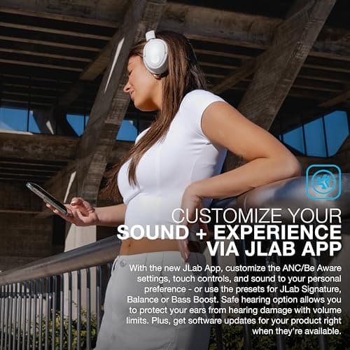 JLab JBuds LUX ANC Smart Active Noise Cancelling Headphones - Over Ear Wireless Headphones with Microphone, 70+ H Playtime Foldable Bluetooth Earphones, Multipoint & Customisable Sound, Cloud White 5
