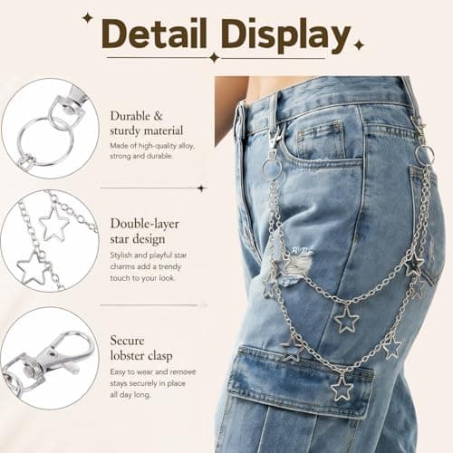 BendJoy® Star Punk Layered Pant Chain for Men & Women | Gothic Waist Accessory with 5-Point Star Pendant, 2-Layer Design for Jeans & Trousers 3