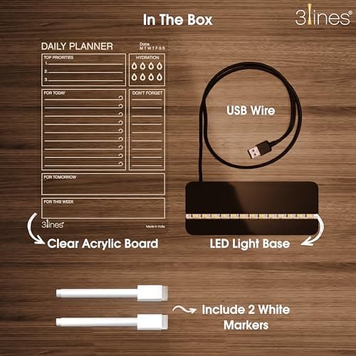 3 Lines Glowrite Illuminate Your Ideas! Acrylic LED Writing Board with USB Stand/Base | Ideal for Home & Office | Unique Gift | Made in India | with 2 Markers | Daily Top Priorities | Regular 4