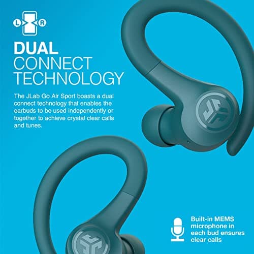JLab Go Air Sport TWS Sports Earbuds - Bluetooth Earphones True Wireless, 32+ Hour Playtime Gym Headphones, Running & Workout in Ear Buds with Ear Hooks, C3 Clear Calling, EQ3 Sound, Teal 3