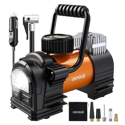 UN1QUE Heavy Duty Tyre Inflator for Car, 150PSI 12V DC Double Cylinders Tyre Air Pump with Digital Pressure Gauge, LED Light, Portable Air Compressor for Motorcycles, Bike, Ball