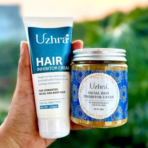 Uzhra Facial Hair Reduction Treatment for Women | Papain & Narcissus Bulb Extract Cream + Kasturi Manjal Ubtan | Slows & Reduces Facial Hair Growth | All Skin Types | 100g + 100g (Set of 2) 5
