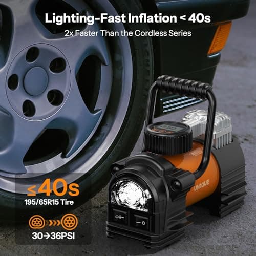 UN1QUE Heavy Duty Tyre Inflator for Car, 150PSI 12V DC Double Cylinders Tyre Air Pump with Digital Pressure Gauge, LED Light, Portable Air Compressor for Motorcycles, Bike, Ball 2