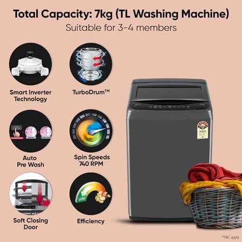 LG 7 Kg 5 Star Smart Inverter Technology Fully Automatic Top Load Washing Machine (T70VBMB1Z, Auto Prewash, Turbodrum, Stainless Steel drum, LED Display, Smart Diagnosis Middle Black) 2