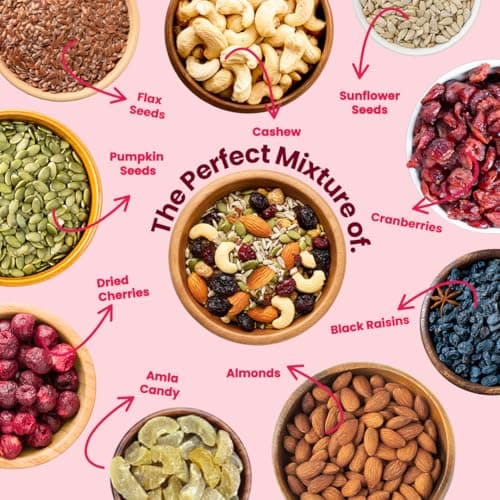 LIVYOR Healthy Mix Nuts, Seeds And Berries Combo Pack - 1Kg| Mix Dry Fruits| Trail Mix| Cashews & Almonds| Black Raisins| Pumpkin| Sunflower & Flax| Cranberries| Cherries & Dried Amla| (Pack Of 1) 3
