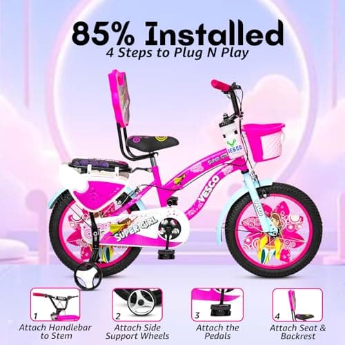 VESCO Super Girl 16T Cycle for Kids Girls with Balance Wheel & Back Carrier | Rigid Fork | Frame 11 Inch | Ideal for 4 to 6 Years Girls Kids Bike (Pink) 3