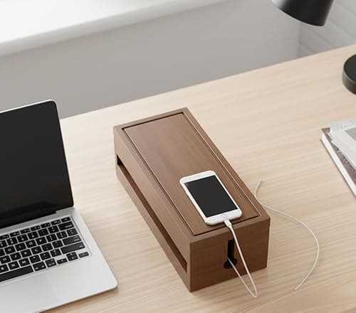 BLACK FOREST INDIA Wooden Cable Management Box, Natural Wood Cord Organizer with Lid, Desktop Cable Storage Box for Power Strip and Chargers 2