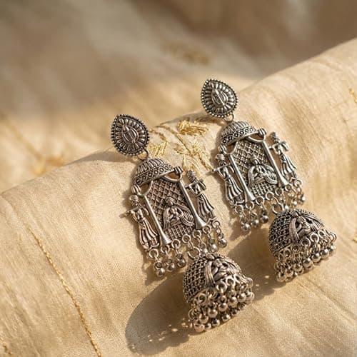 The Jewel Store India Traditional Oxidized Silver Palki Doli Long Jhumka Earrings for Women | Antique German Silver Ethnic Statement Jhumki for Wedding, Festive & Navratri | 10 CM Long 4