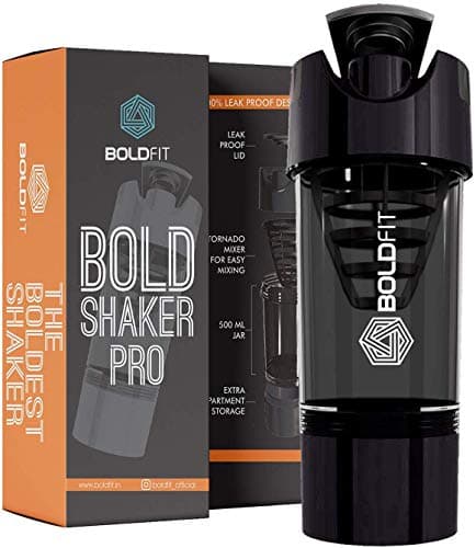 Boldfit Gym Shaker Pro Cyclone Shaker 500ml with Extra Compartment, 100% Leakproof Guarantee, Ideal for Protein, Preworkout and BCAAs, BPA Free Material Sipper Bottle (Black),botb004