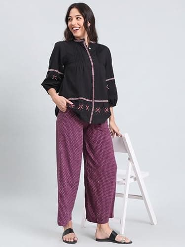 GO COLORS Soft Viscose Printed Palazzo Full Length for Women| Breathable, Mid Rise, Purple 4