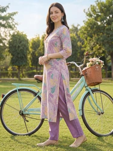 INDO ERA Women's Cream Cotton Blend Floral Printed Straight Fusion Kurta & Palazzo Set 4