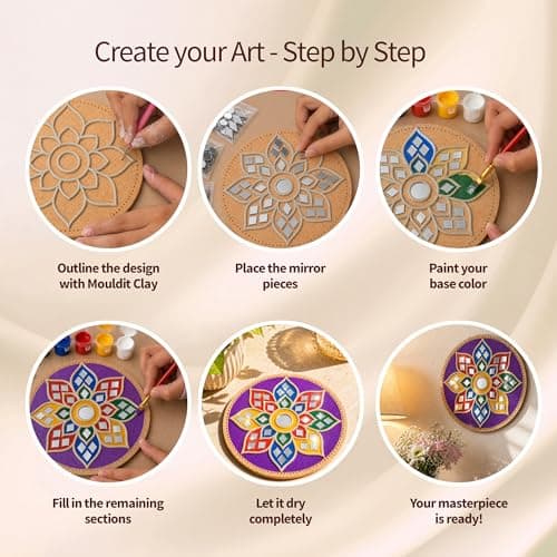 Mind Pilot Lippan Art Kit for Adults & Kids | DIY Mirror Art & Clay Wall Décor Kit – 2 Pre-Marked Coasters, Mouldit Clay, 150+ Mirror Pieces, 12 Colours | Make-Your-Own Home Décor & Craft | Birthday R 3