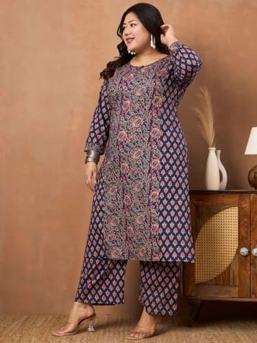 Tissu Plus Size Women's Dark Blue Floral Printed Kurta Palazzo Set (Plus-806_Dark Blue_7XL) 5