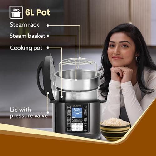 AGARO Imperial Electric Pressure Cooker, 6 litres, 1.5Kgs (approx. 10 cups) raw rice, 14 Pre-Set multi Cooking Functions, Adjustable Pressure, Timer, Stainless Steel Pot, Pressure Cook, Slow Cook 4