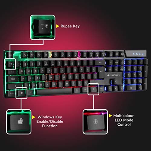 Zebronics War Gaming Keyboard and Mouse Combo,Gold Plated USB, Braided Cable,Multicolour LEDs/Gaming Mouse with breathing LEDs and 3200 DPI 3