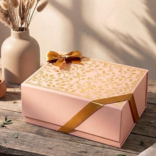 Pink Paper Co. Luxurious Gift Box for Packing Hampers with Ribbon | Gold Foil Printing | Pack of 1 Empty Box | Magnetic Closure | 22.5x16x10 cm (Peach)