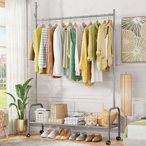 Lukzer | MGR-003 | Grey | Metal Clothes Hanging Stand with Wheels, Bottom Shelf & Single Rod – Stylish Garment Rack & Cloth Organizer for Entryway, Dressing Room & More | 173 x 110 x 35 cm